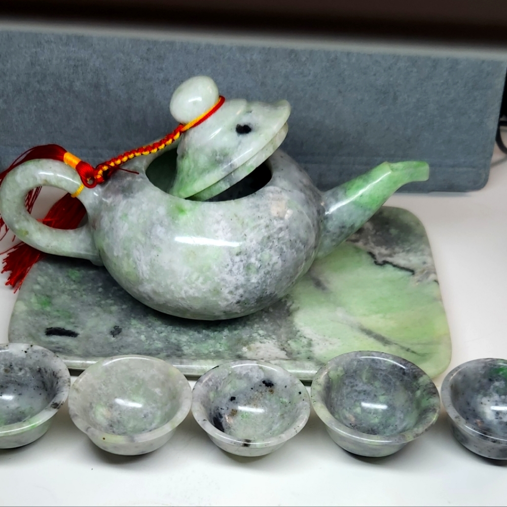 Jadeite teapot kettle set, Burmese natural jade